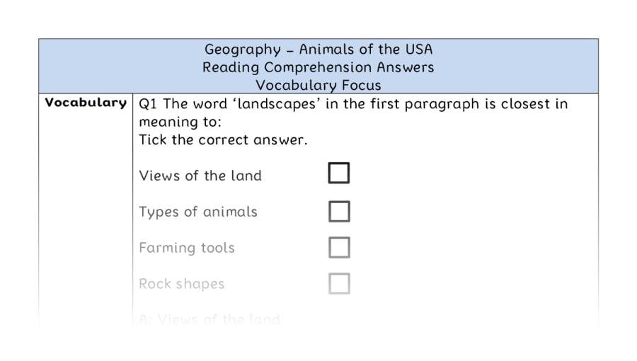 Animals of the USA - Reading Comprehension Answers - Vocabulary Focus