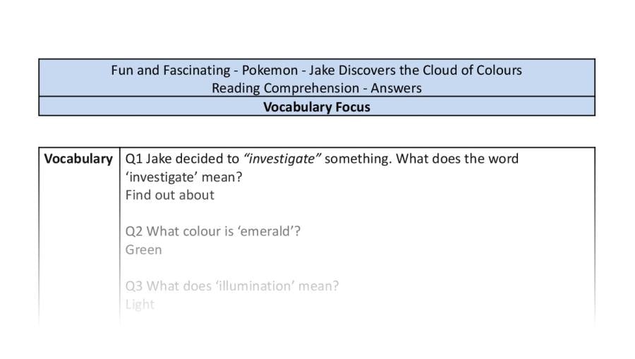 Reading comprehension-vocabulary-Jake discovers the cloud of colours-answers