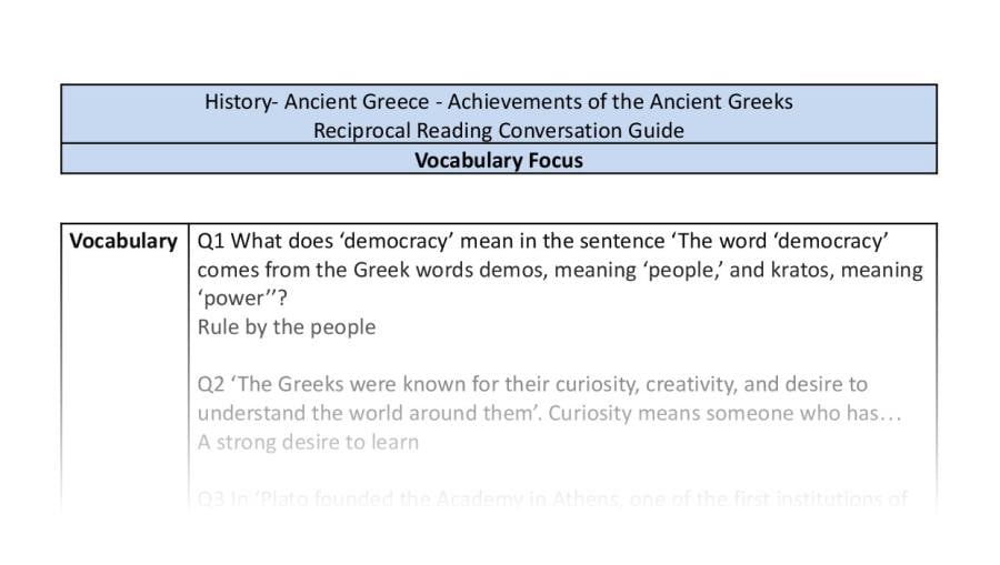 Reciprocal Reading Conversation - Achievements of the Ancient Greeks - Vocabulary Focus