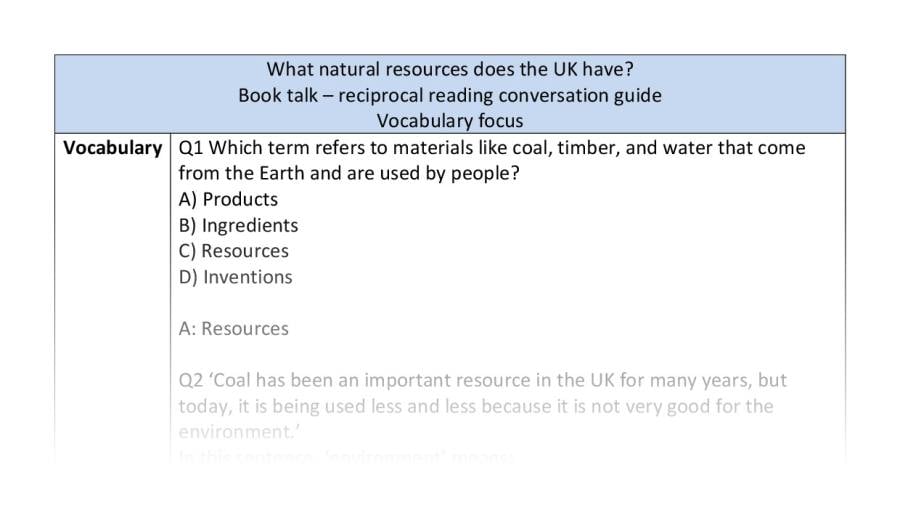 Reciprocal reading - vocabulary - What natural resources does the UK have