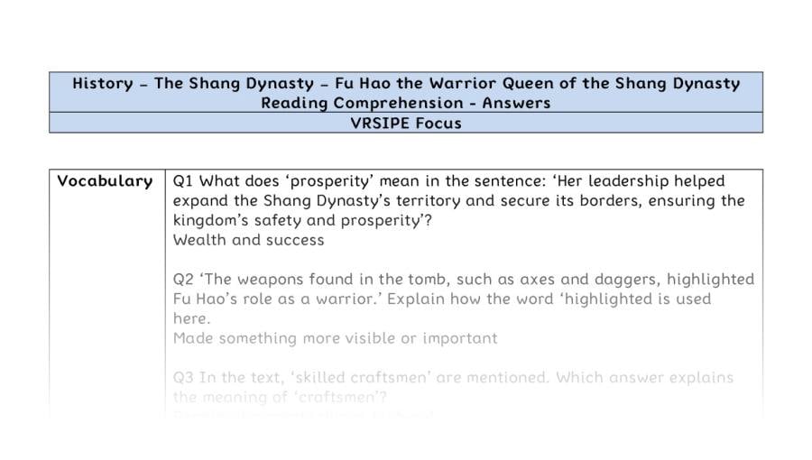Reading Comprehension - Fu Hao the Warrior Queen of the Shang Dynasty - VRSIPE Focus