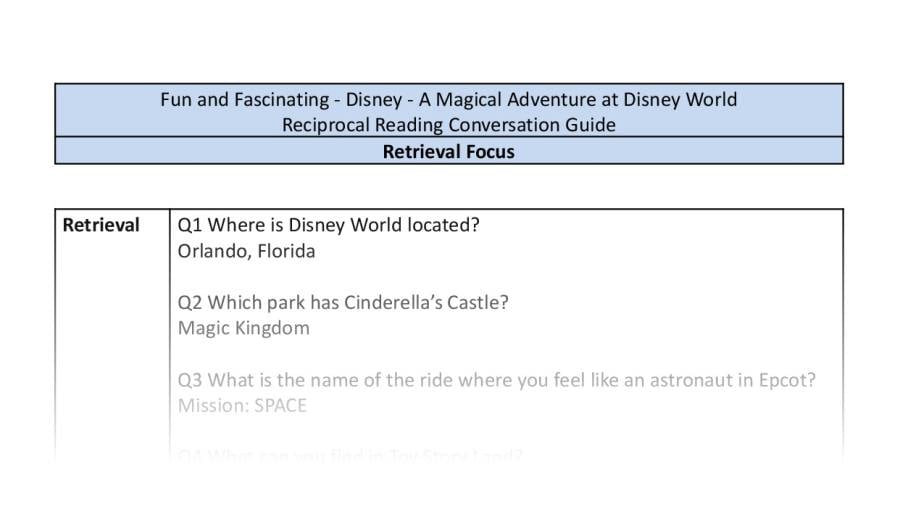 Reciprocal Reading Conversation - A Magical Adventure at Disney World - Retrieval Focus