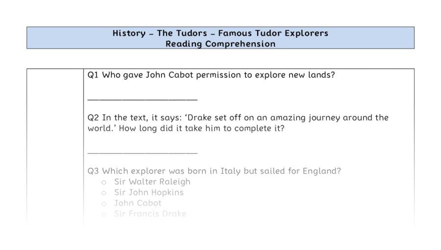 Reading comprehension - famous Tudor explorers - retrieval