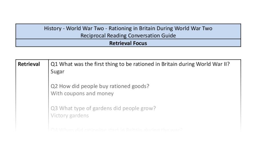 Reciprocal Reading Conversation - Rationing in Britain During World War Two - Retrieval Focus