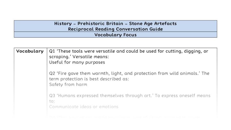 Reciprocal Reading Conversation - Stone Age Artefacts - Vocabulary Focus