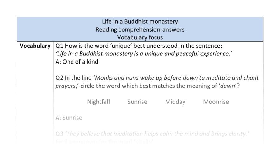 Reading comprehension - vocabulary - Life in a Buddhist monastery