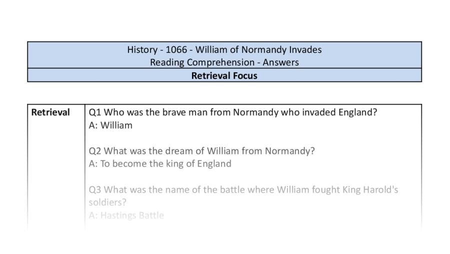 Reading Comprehension-William of Normandy Invades-retrieval Focus-answers