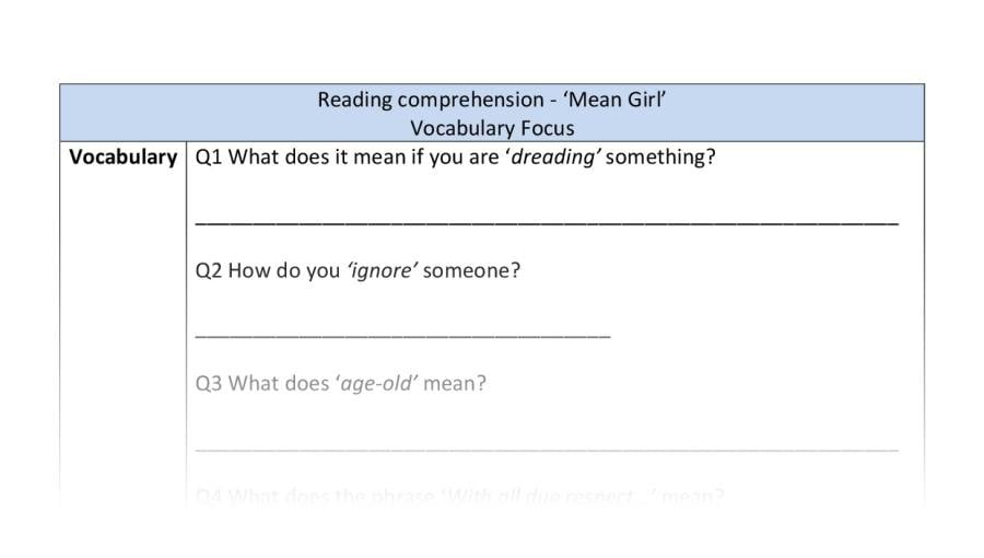 Reading comprehension-Mean Girl-vocabulary