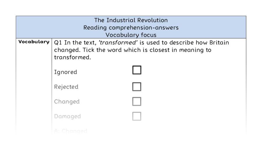 Reading comprehension - vocabulary - The Industrial Revolution - answers