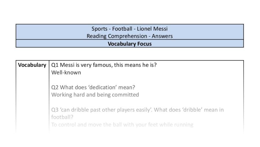 Reading Comprehension - Lionel Messi - Vocabulary Focus-answers