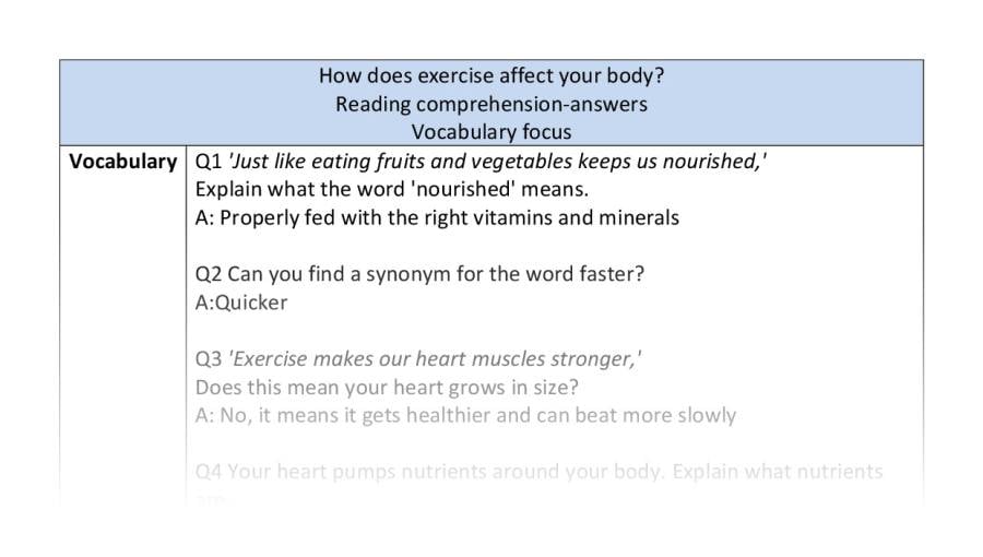 Reading comprehension - vocabulary - How does exercise affect your body - answers