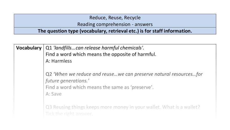 Reading comprehension - VRSIPE - Reduce, Reuse, Recycle