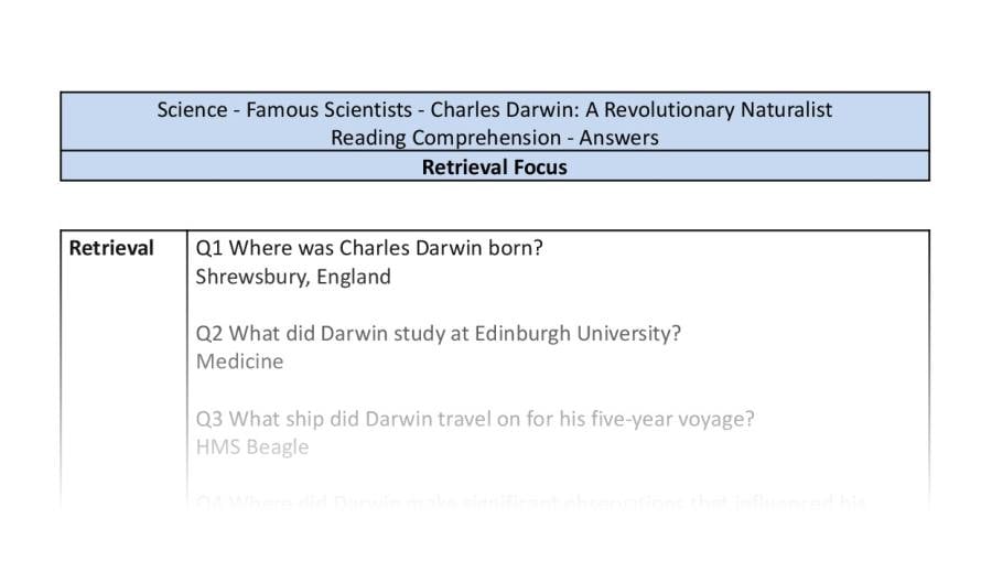 Reading Comprehension-Charles Darwin-A Revolutionary Naturalist-Retrieval Focus-answers