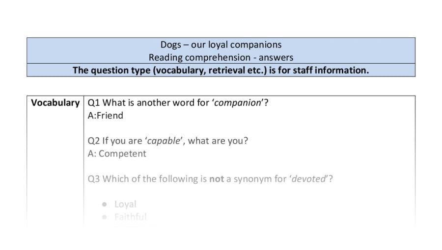 Reading comprehension - Dogs our loyal companions - VRSIPE - answers