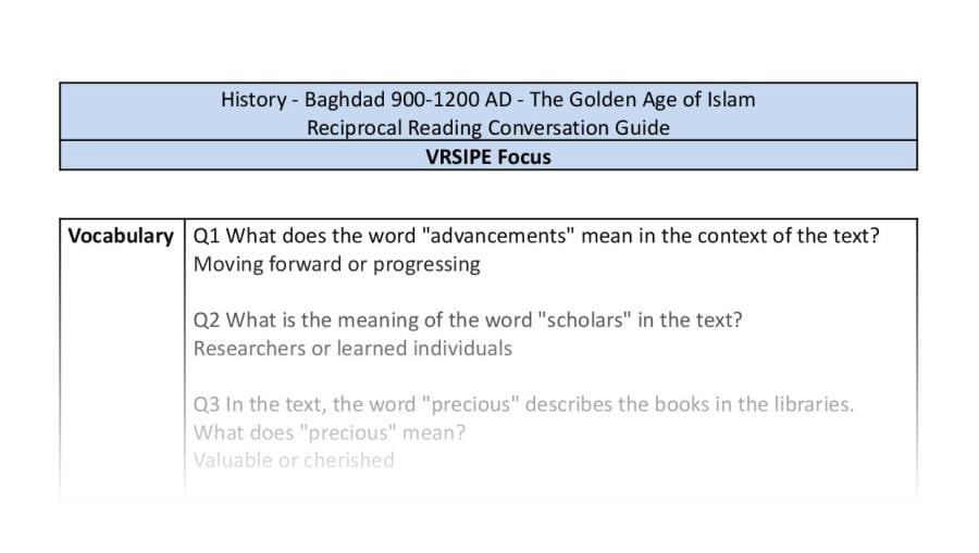 Reciprocal Reading Conversation - The Golden Age of Islam - VRSIPE Focus