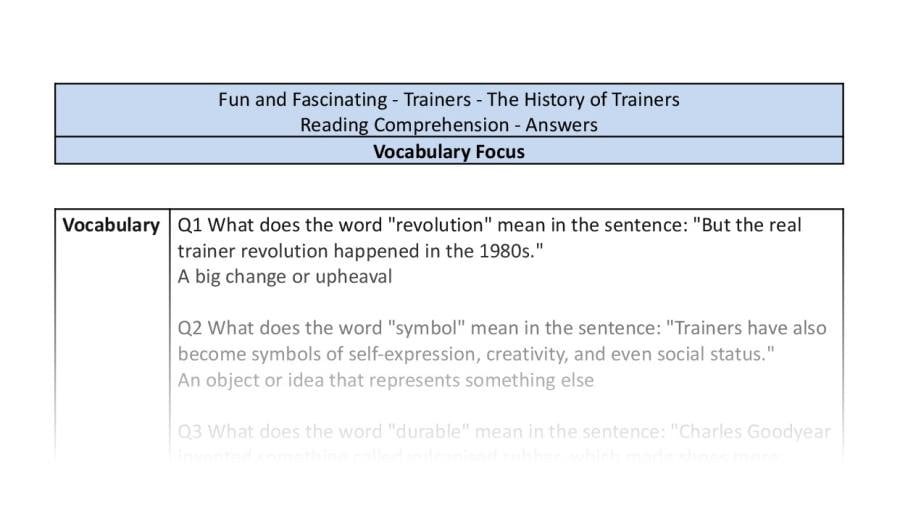 Reading comprehension-vocabulary-The history of trainers-answers