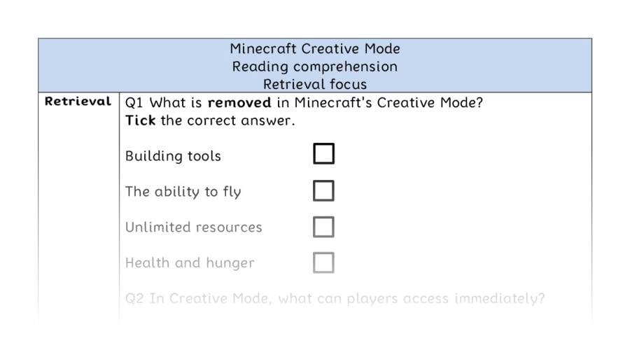 Reading comprehension - retrieval - Minecraft Creative Mode