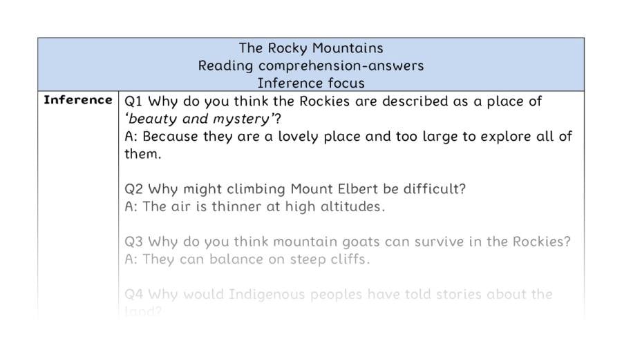 Reading comprehension - inference - The Rocky Mountains - answers