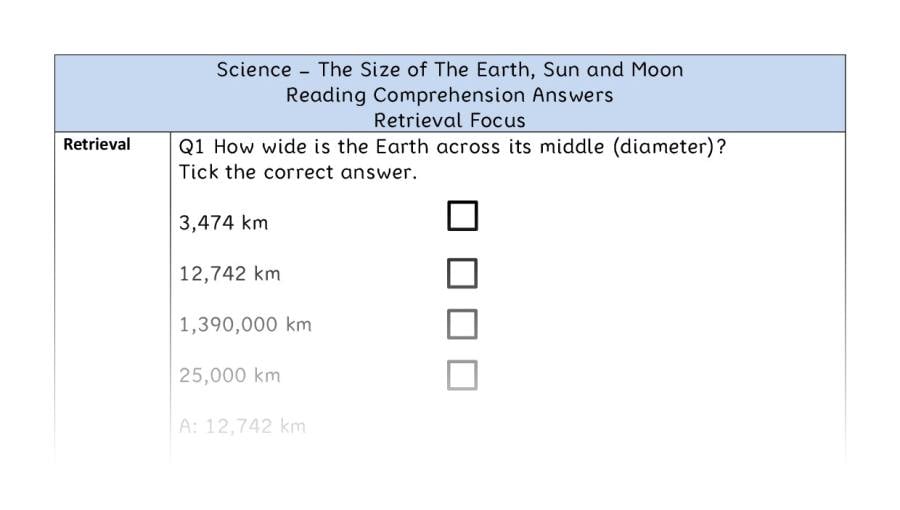 The Size of The earth, Sun and Moon - Reading Comprehension Answers - Retrieval Focus