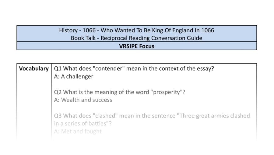 Reciprocal Reading Conversation - Who Wanted To Be King Of England In 1066 - VRSIPE Focus