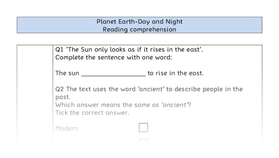 Reading comprehension VRSIPE - Planet Earth-Day and Night