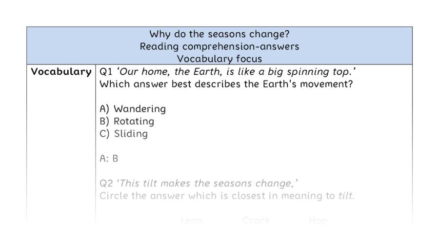 Reading comprehension - vocabulary - Why do the seasons change - answers