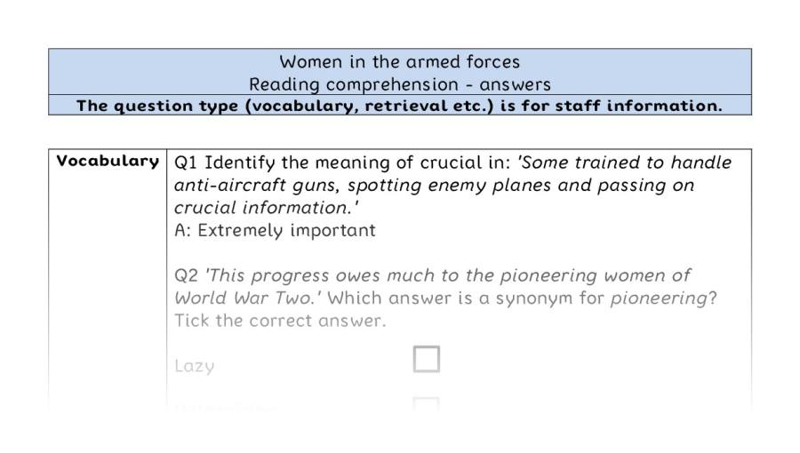 Reading comprehension - VRSIPE - Women in the armed forces - answers