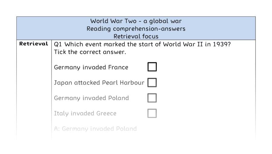 Reading comprehension - retrieval - World War Two - a global war - answers