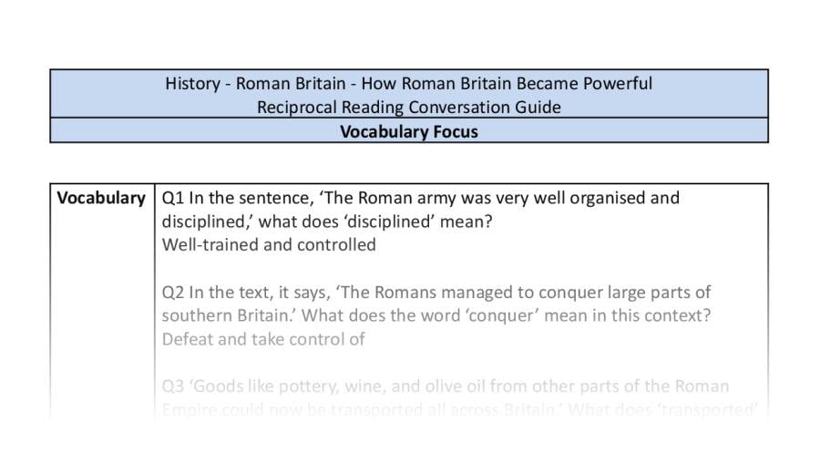 Reciprocal Reading Conversation - How Roman Britain Became Powerful - Vocabulary Focus UKS2