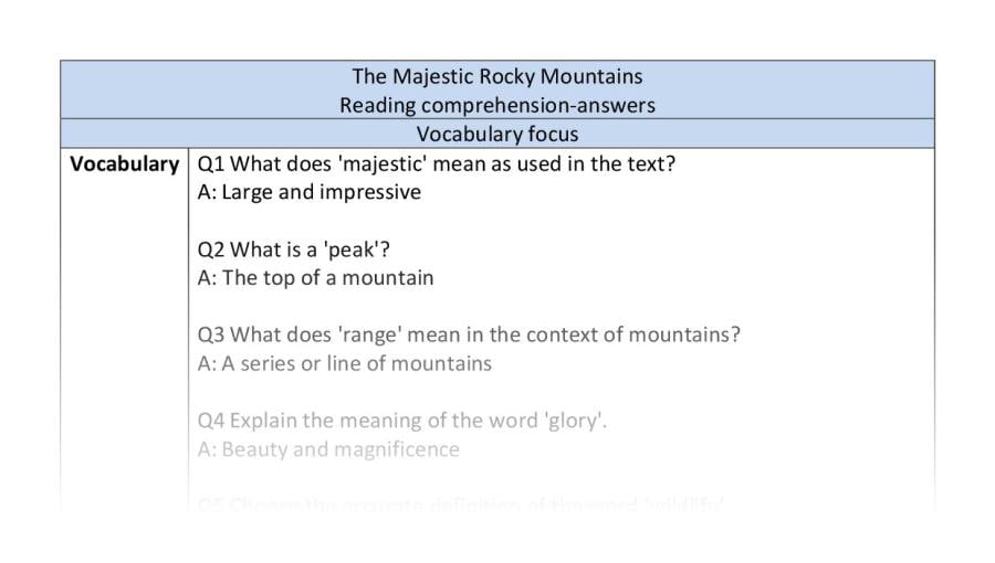 Reading comprehension - The Majestic Rocky Mountains - vocabulary