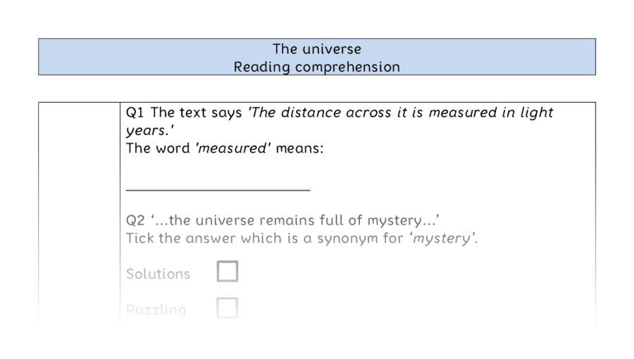 Reading comprehension - VRSIPE - The universe