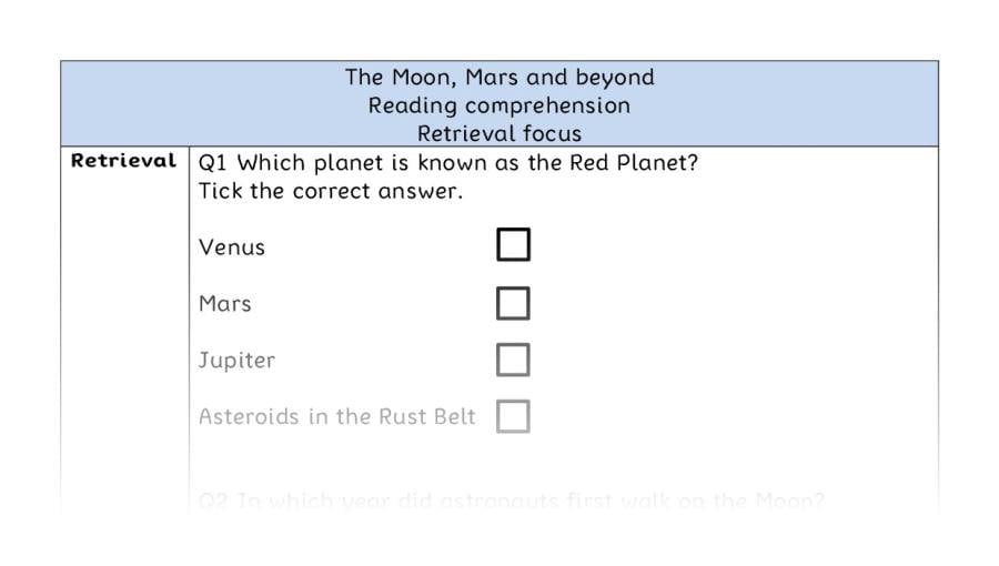 Reading comprehension - retrieval - The Moon, Mars and beyond