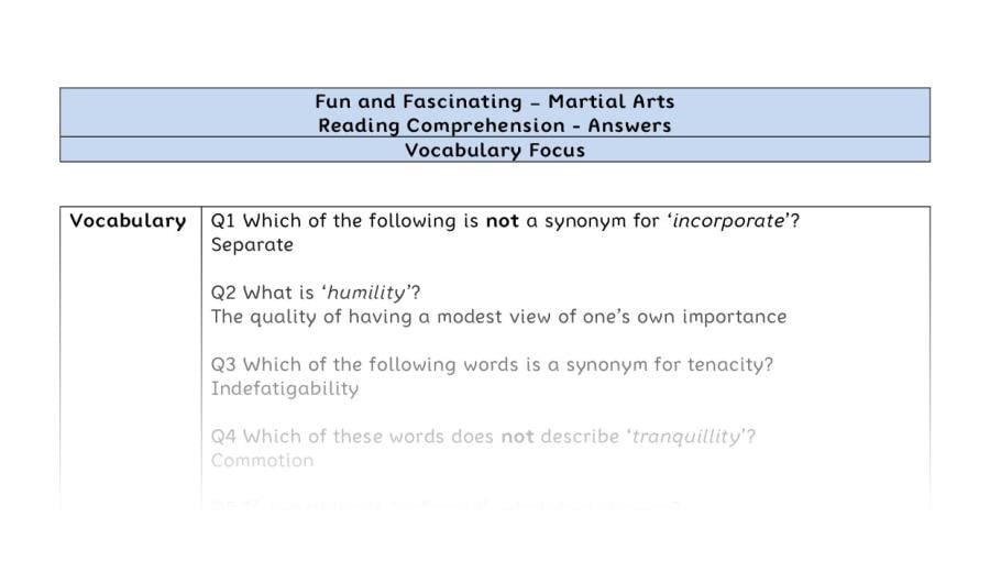 Reading Comprehension - Martial Arts - Year 7 - Vocabulary Focus
