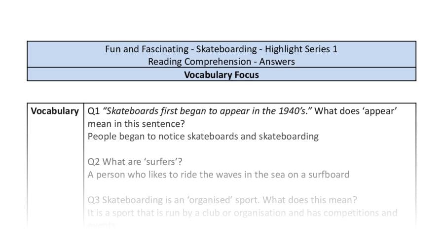 Reading Comprehension - Skateboarding - Highlight Series 1 - Vocabulary Focus