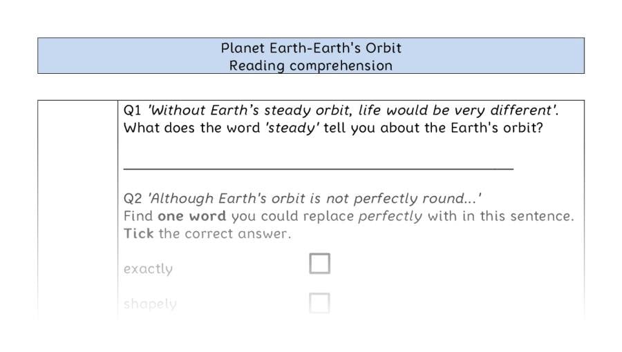 Reading comprehension VRSIPE - Planet Earth-Earths Orbit