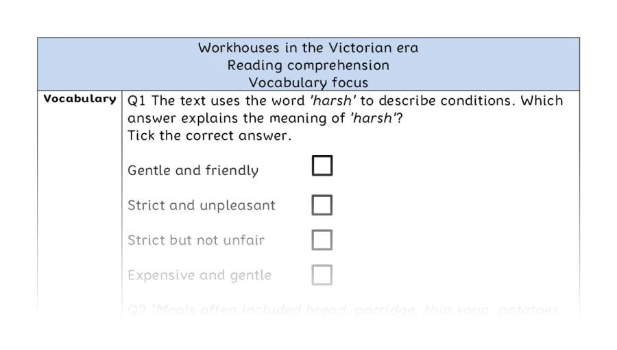 Reading comprehension - vocabulary - Workhouses in the Victorian era