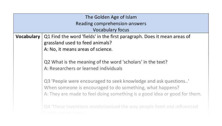 Reading comprehension - vocabulary - The Golden Age of Islam - Copy