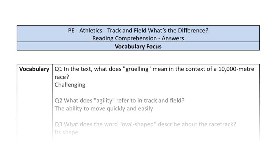 Reading Comprehension - Track and Field Whats the Difference - Vocabulary Focus