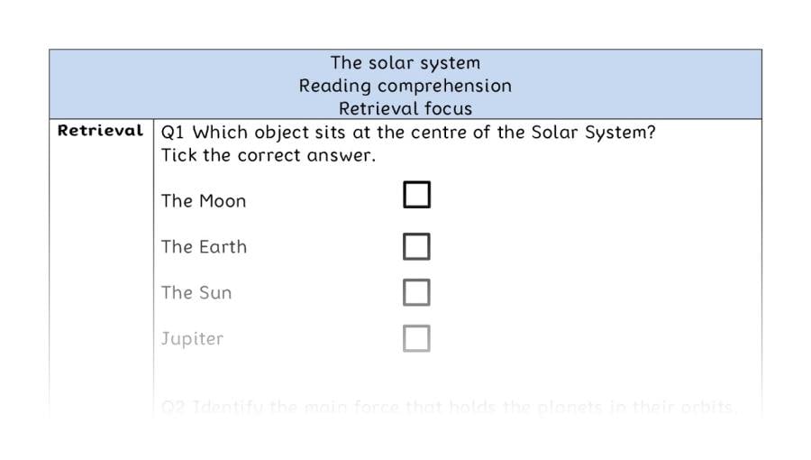 Reading comprehension - retrieval - The solar system