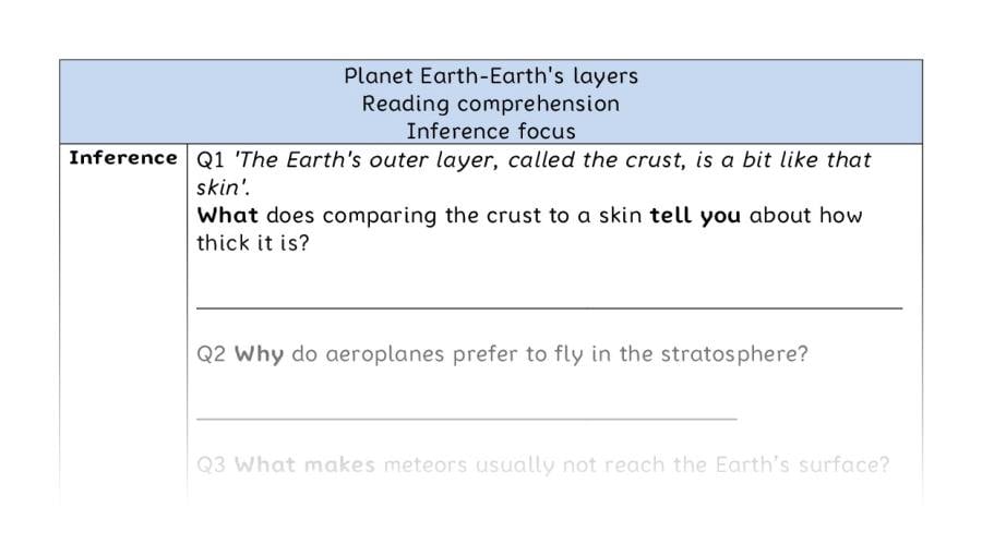 Reading comprehension - inference - Planet Earth-Earths layers