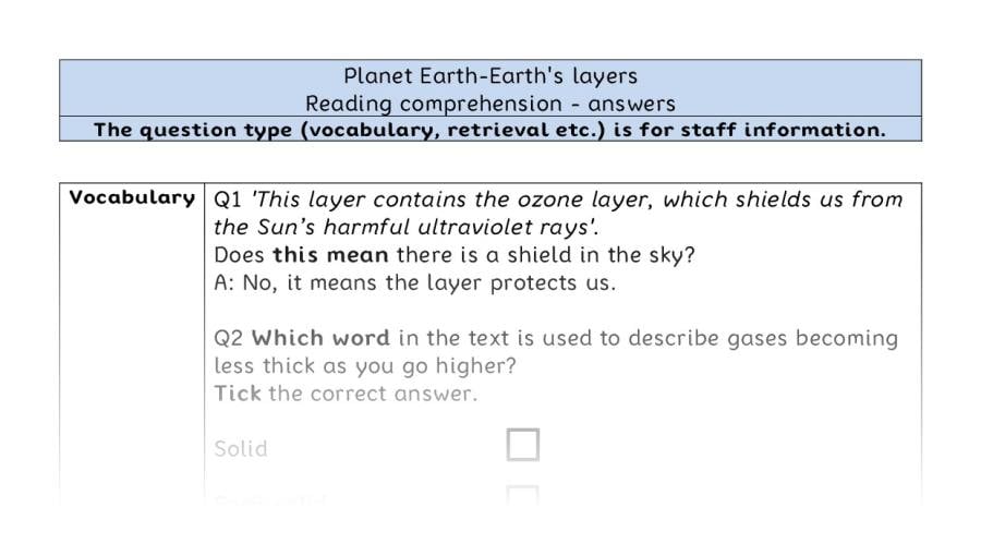 Reading comprehension VRSIPE - Planet Earth-Earths layers - answers