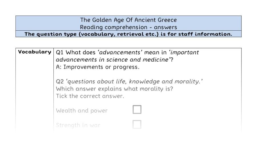 Reading comprehension - VRSIPE - The Golden Age Of Ancient Greece - answers