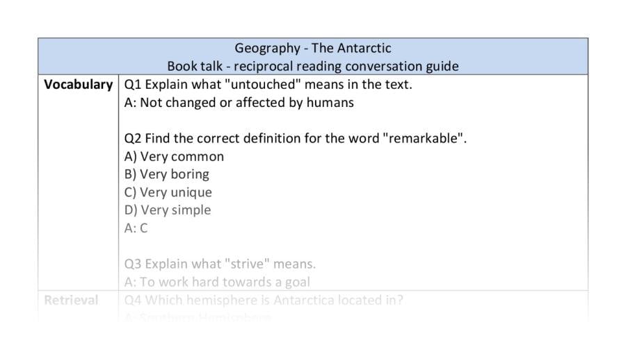 Reciprocal reading - geography - The Antarctic