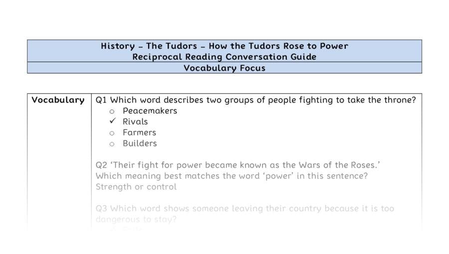 Reciprocal Reading Conversation - How the Tudors Rose to Power - Vocabulary Focus