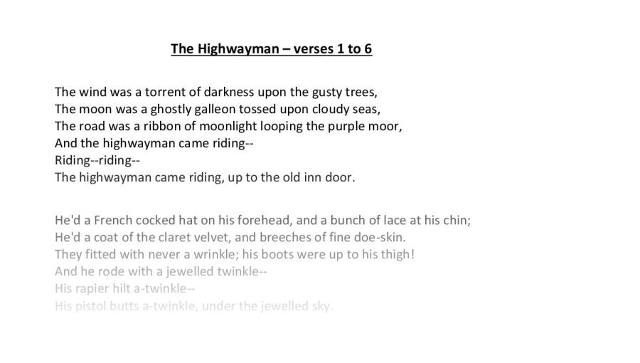 The Highwayman poem - verses 1 to 6