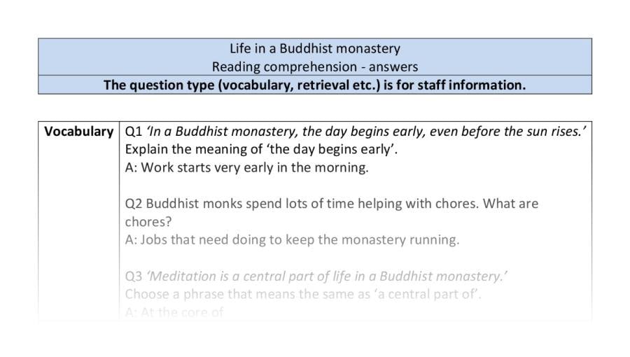 Reading comprehension-VRSIPE-Life in a Buddhist monastery