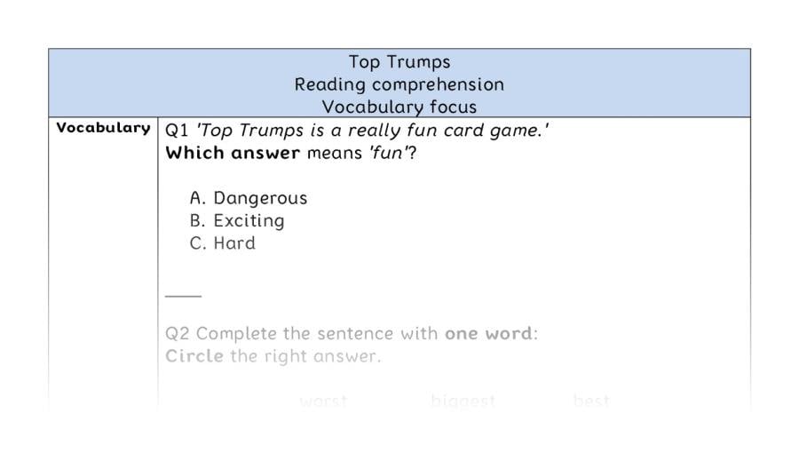 Reading comprehension - vocabulary - Top Trumps