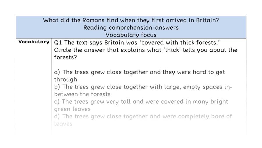 Reading comprehension - vocabulary - Roman arrival in Britain - answers