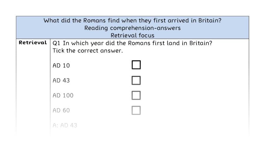 Reading comprehension - retrieval - Roman arrival in Britain - answers