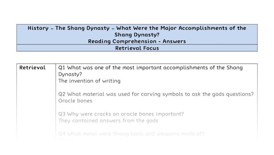 Reading Comprehension - What Were the Major Accomplishments of the Shang Dynasty - Retrieval Focus